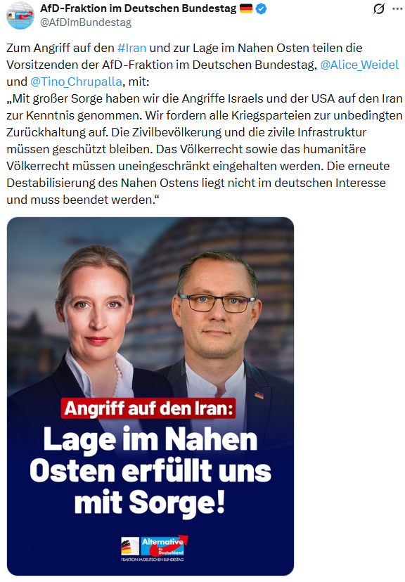 𝗙𝗘𝗛𝗟𝗜𝗡𝗧𝗘𝗥𝗣𝗥𝗘𝗧𝗜𝗘𝗥𝗧! Ich verstehe die Aufregung um den AfD-Post nicht wirklich. Das ist doch kein Verrat, sondern die erwachsene, deutschlandzentrierte Politik, die wir seit Jahren fordern.
Weidel und Chrupalla sagen deutlich: Wir nehmen die Angriffe zur Kenntnis,