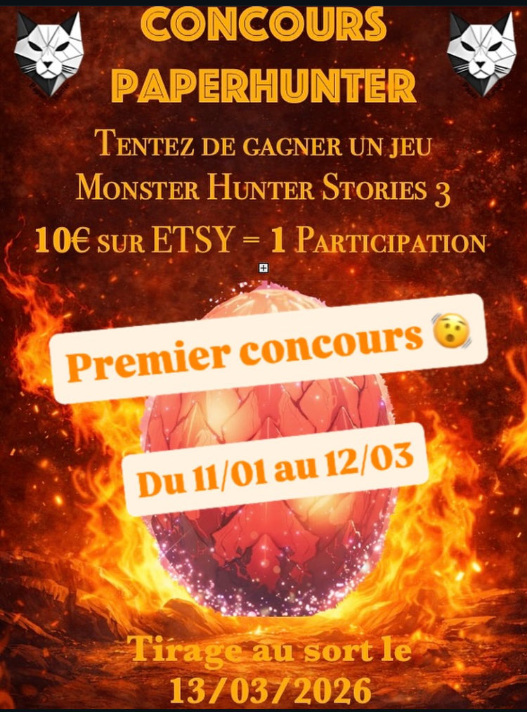 HunterPape3107's tweet photo. Holà

J’organise mon premier concours sur ma boutique pour tenter de gagner un jeu MH stories 3 par tirage au sort :) 

10€ dépensés sur la boutique = 1 participation pour le tirage au sort le 13/03 🤩

Règlement disponible sur ETSY ou par mp

Good luck 🍀 
#MHWilds #MHStories3 https://t.co/HOx1i7qB7A