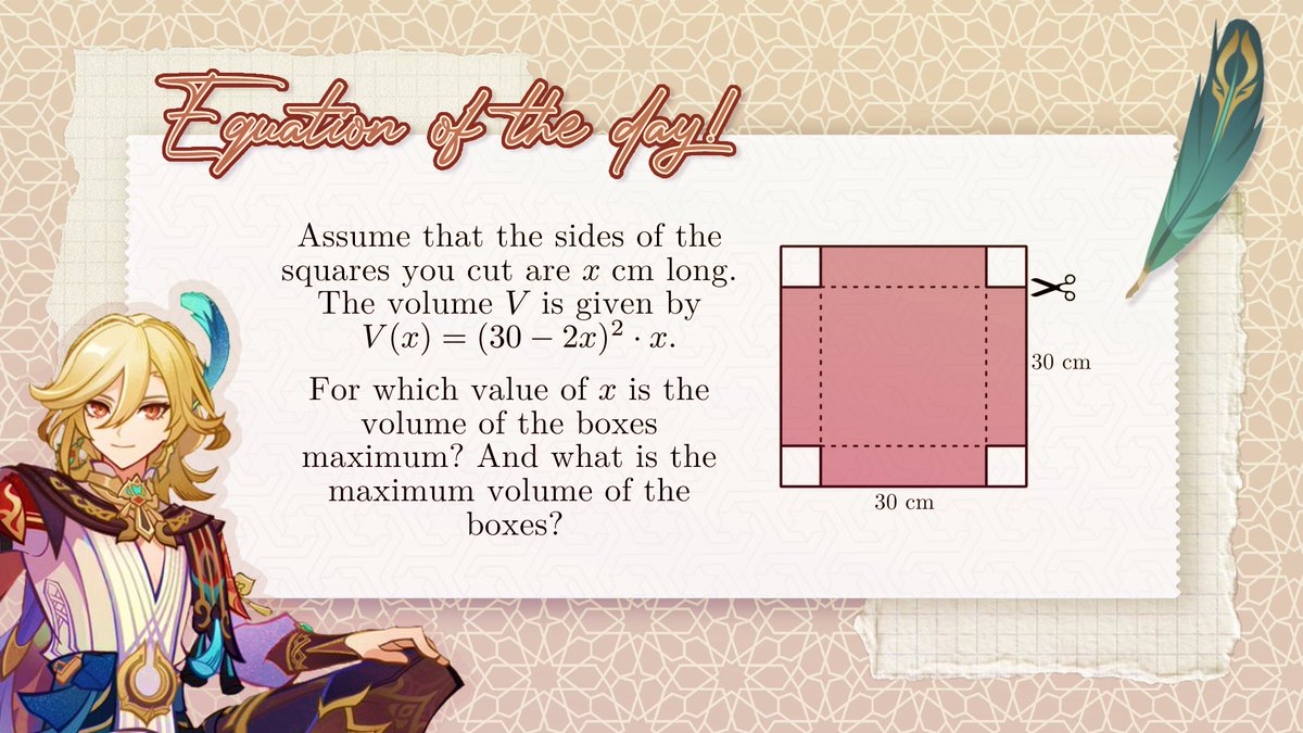 KavehEOTD's tweet photo. A follow-up question 💫

For which value of x is the volume of the boxes maximum? And what is the maximum volume of the boxes? https://t.co/ZqcuUUfEOa