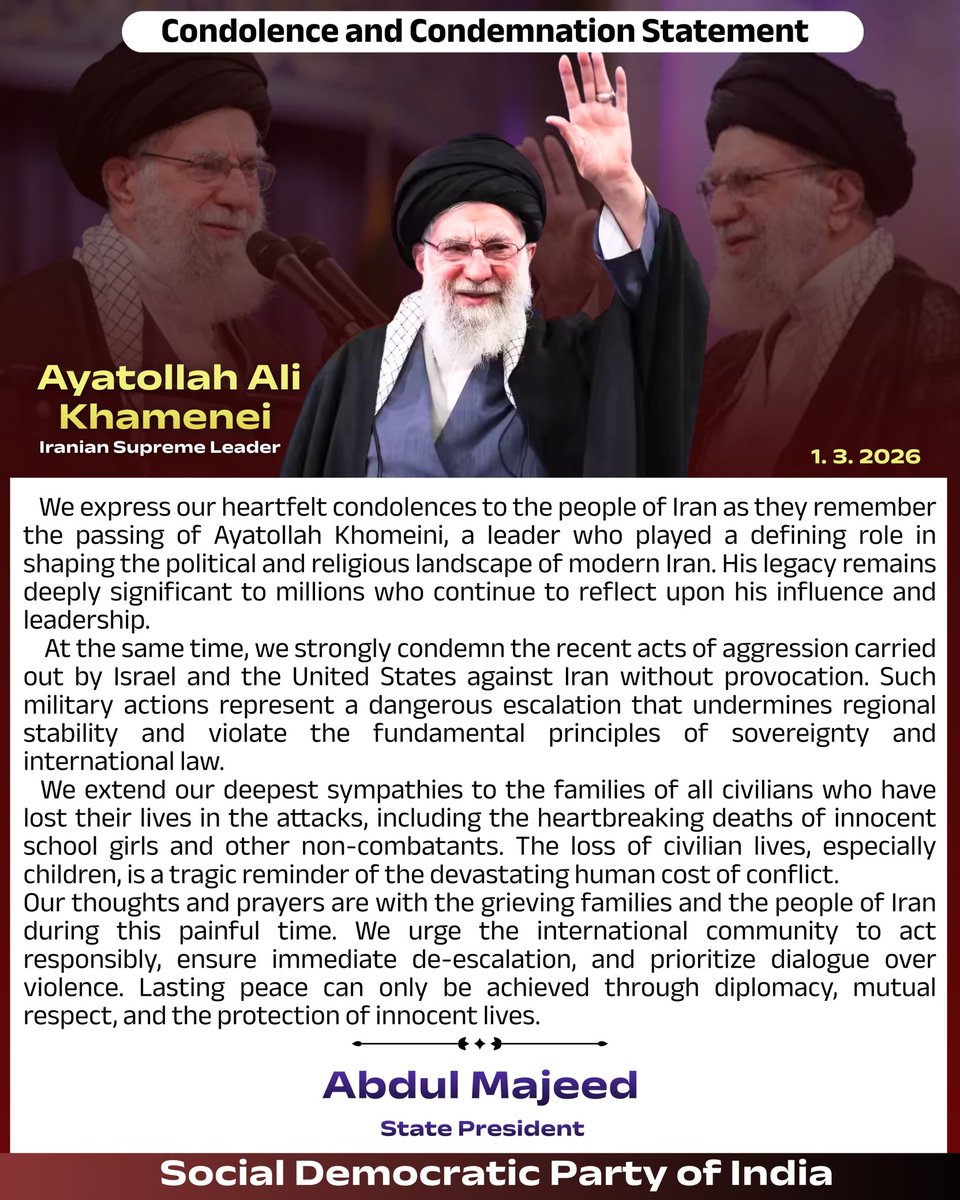 Condolence and Condemnation Statement
#SDPIKarnataka #Khamenei #Iran