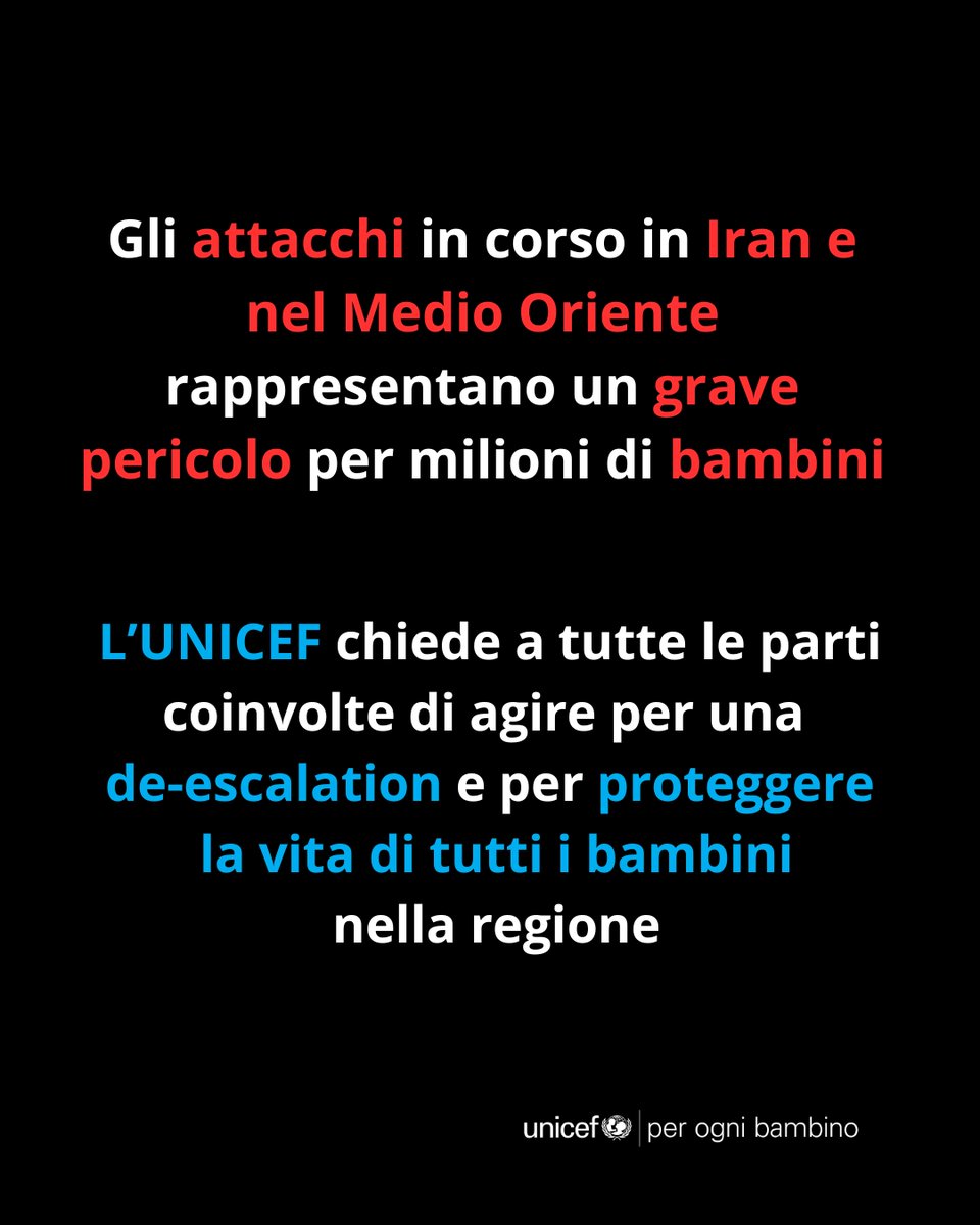 UNICEF_Italia's tweet photo. Massimo allarme per la sorte di milioni di bambini coinvolti dal conflitto esploso in #Iran e nel Medio Oriente.

L'UNICEF chiede alle parti una de-escalation per il bene di ogni bambino nella regione 👉 https://t.co/oBOyV9mxg7 https://t.co/q33j8KrE0f