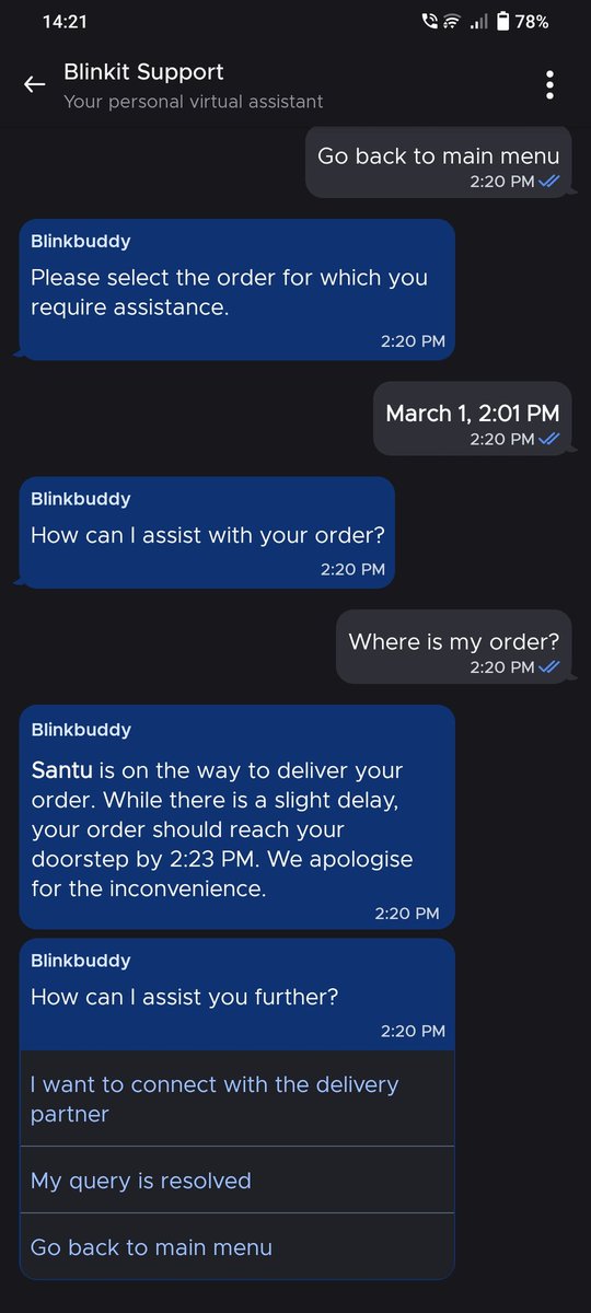 KonceptK10's tweet photo. @letsblinkit strange.. No proper CC only intractv responce.. no p
option to highlight issue &amp; on every complain the ETD got changed automtcly... &amp; the delivry partner replied he was assgnd multipl deliverys,. blinkit make ur CC proper user frinedly https://t.co/YAh1Am18tL