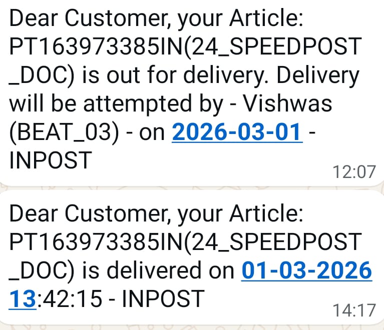vivekvrrastogi's tweet photo. @JM_Scindia 
Applied for daughter PAN. t'was desptchd thru Speed Post. Recvd SMS that card is delivered tho it is not. Imp docs like PAN must reach holder.
Even worse; can't even raise a complaint at https://t.co/cy9JlNXzZv as doc was booked less than 72 hrs ago.
Pls look into it https://t.co/9w6e5QiRJW