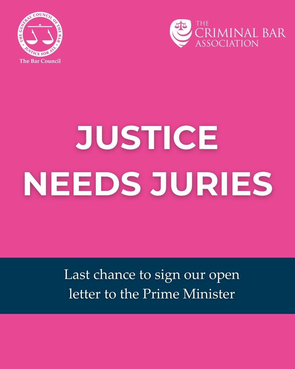 thebarcouncil's tweet photo. ⏰ Please add your name to our open letter to the Prime Minister setting out why we oppose the government's plan to restrict jury trials. 

Help us send a strong message to the government to ask them to rethink the approach.

Sign your name by 9am tomorrow, Mon 2nd March ➡️ https://t.co/O0vG7a9APR

Thank you for your support. 

#JusticeNeedsJuries