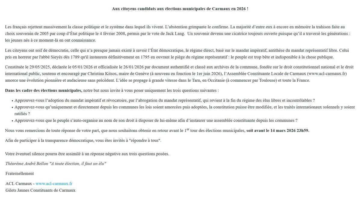 TvConcorde's tweet photo. Les GJ constituants de Carmaux (81) / ACL Carmaux (https://t.co/J9cRZx5WDN) interpellent les 4 têtes de listes candidates aux élections municipales sur la question de l'instauration d'un régime direct, abolition des élus, et lancement d'une constituante depuis les communes. https://t.co/37P7n48U9f