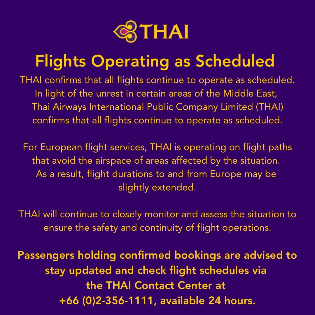 ณ ตอนนี้การบินไทยยังบินได้อยู่ แต่ลองเช็คดูอีกทีครับ

#อิหร่าน #อิสราเอล
#จิตติพจน์วิริยะโรจน์