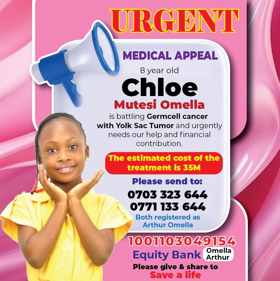 🚨 URGENT

8-year-old Chloe Mutesi Omella is battling germ cell cancer and urgently needs support.

Every contribution counts. Please give &amp; retweet widely to help save a life 🙏🏽