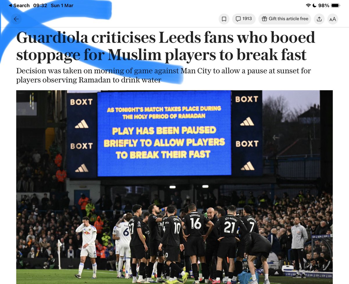 davidyelland's tweet photo. Imagine, for a moment, if a Premier League game was stopped for Jewish players to observe a moment of faith and the crowd had reacted as they did at Leeds. The club and the PL would be in reputational crisis and quite right they would; Yet the story after yesterday’s racist disgrace at Elland Road is that Pep and @ManCity are “unhappy…”