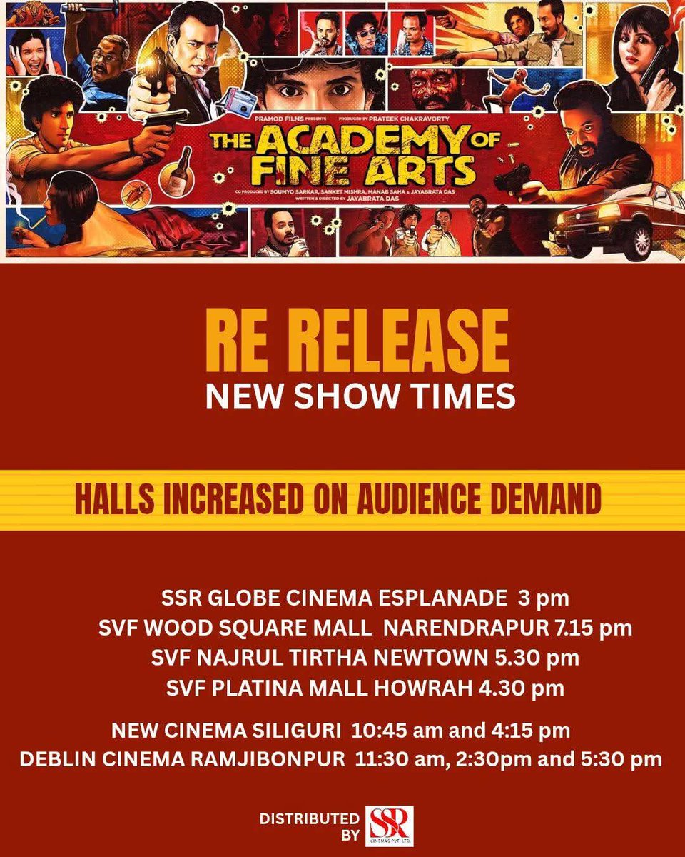 WB_BoxOffice's tweet photo. ‘#AOFA’ CREATING RIPPLES UPON RE-RELEASE... On Audience demand - fresh showtimes added across #SVFCinemas for #TheAcademyOfFineArts today onwards... Check out the revised Hall List.
@satadeeps @SSRCinemas @svf_cinemas @Rishav_feels @Paayel_12353 @ActorRudranil https://t.co/NE6pbPr87L