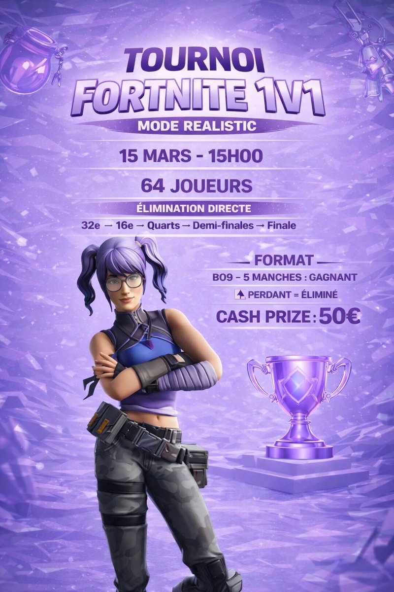 ArenallOff's tweet photo. 🎮 TOURNOI FORTNITE 1V1 – MODE REALISTIC

📅 15 mars – 15h00
👥 64 joueurs
⚔️ Élimination directe (BO9 – 5 manches gagnantes)
❌ Perdant = éliminé
💰 Cash Prize : 50€
Viens prouver que tu es le meilleur en 1v1 et repars avec la victoire ! 🔥 https://t.co/9j1vfgWgpd
#Fortnite #Fortnite1v1 #FortniteTournament #ModeRealistic #TournoiGaming #CashPrize #GamingEvent #FortniteFR