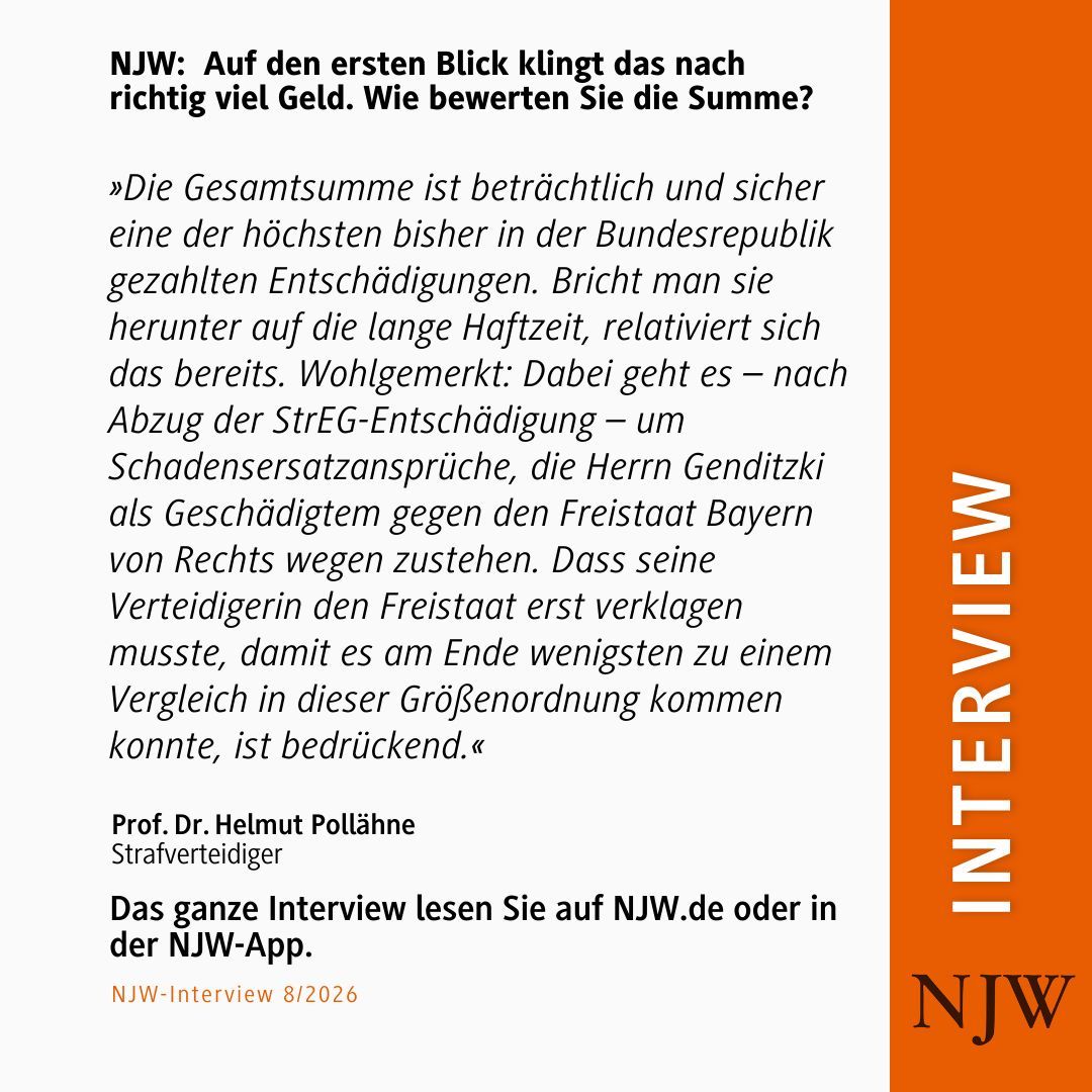 Über 13 Jahre saß Manfred Genditzki für einen Mord in Haft, den er nicht begangen hatte. Doch als er am 7.7.2023 nach einem Wiederaufnahmeverfahren freigesprochen wurde, war der Fall für ihn und die bayerische Justiz noch nicht zu Ende. Denn über die Höhe der Entschädigung für