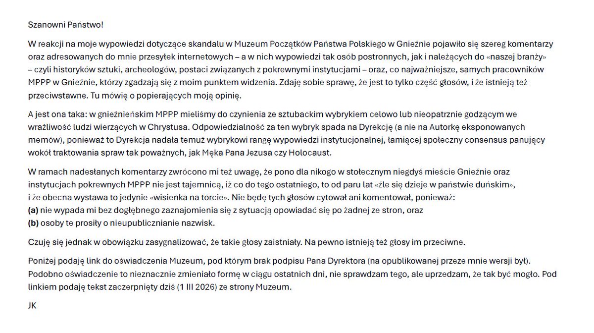 WOBEC DOCHODZĄCYCYH DO MNIE GŁOSÓW PRACOWNIKÓW MPP W GNIEŹNIE - KOMENTARZ KOLEJNY. Oraz link do oświadczenia Muzeum.

muzeumgniezno.pl/aktualnosc,429…