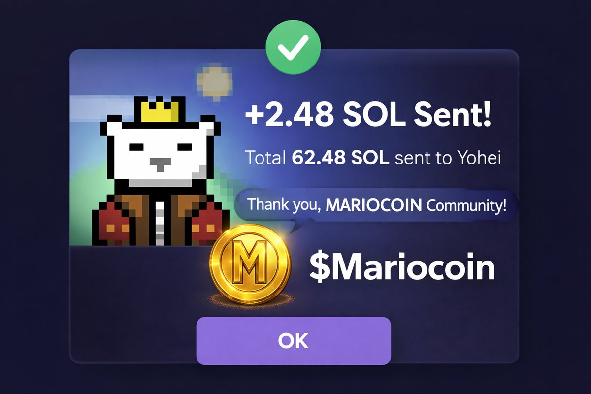 Another 2.48 SOL sent. 💰

That brings the total to 62.48 SOL to Yohei’s wallet — powered by the $MarioCoin community.

Yohei Recognized. Appreciated. On-chain. 🤝

This isn’t just a coin.
It’s a movement built by players. 🎮🚀