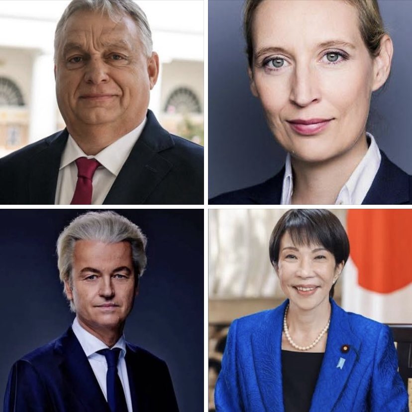 🚨 Soutenez-vous ces patriotes de droite dans leur volonté d'anéantir complètement le communisme ? 👇🏻

🇭🇺 Viktor Orban
🇩🇪 Alice Weidel 
🇳🇱 Geert Wilders
🇯🇵 Sanae Takaichi

Aimez ❤️ et retweetez 🔁 si vous soutenez ces grands patriotes ! Je suis à 5000 % avec vous !