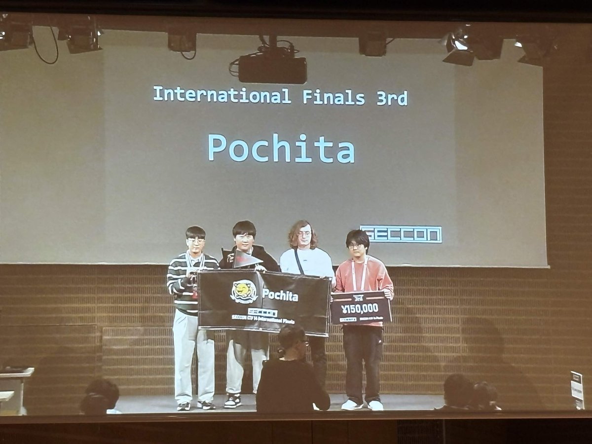 0xp1ain's tweet photo. I placed 3rd in the SECCON International division with my team Pochita! 🇯🇵

Honestly I never imagined we would finish in the top ranks, so I’m really happy about this unexpected result : )

Huge thanks to my teammates (@wlswotmd, @slyfizz3, SharpEdged, @OpenAI) for playing together

I’ll keep pushing and stay active in future events!!