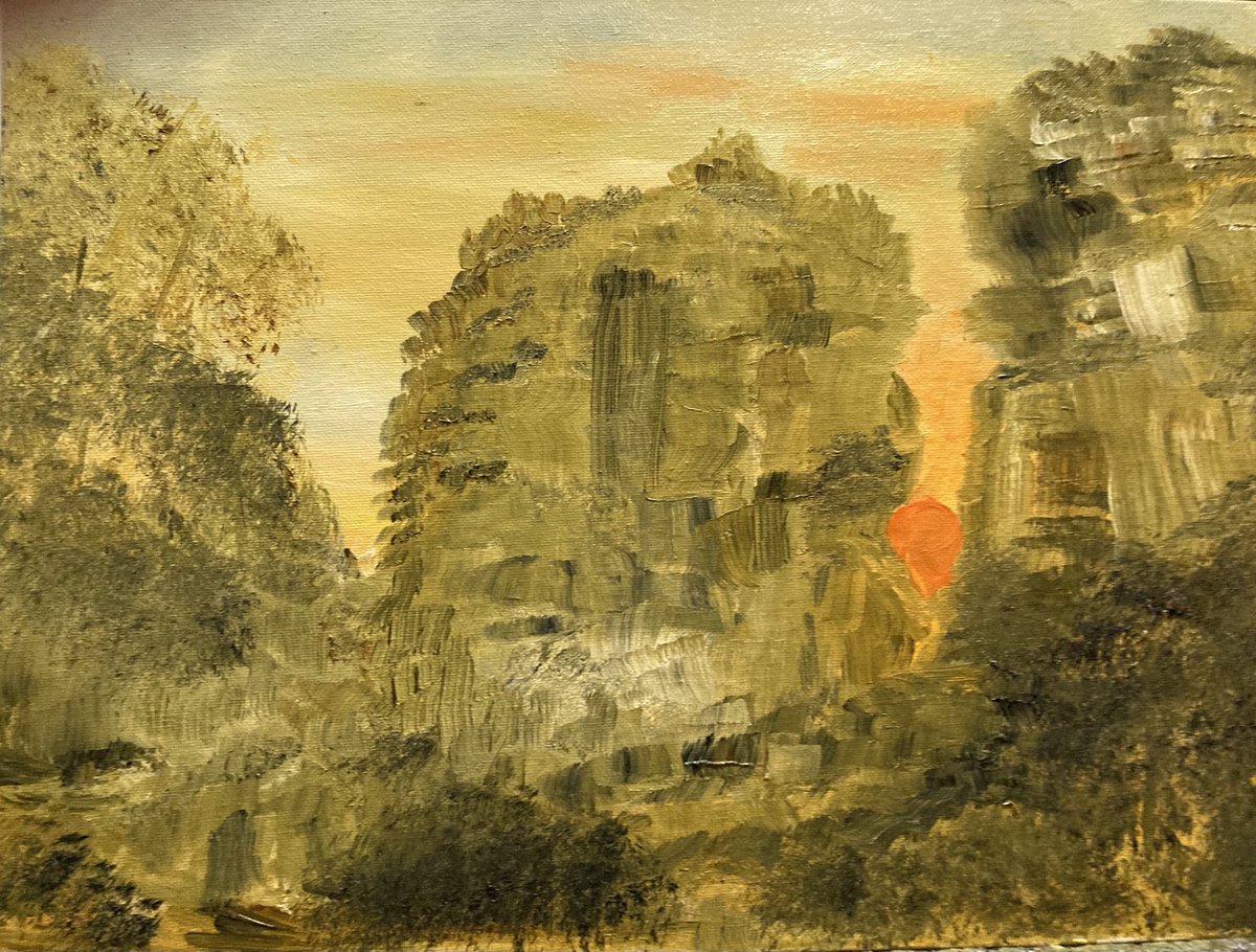 岩山と夕陽 ＃油絵 ＃oil ＃Rocky mountain and sunset