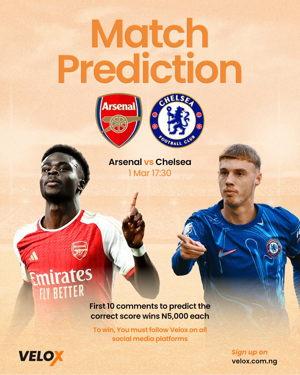 🔥 London derby loading! 🔥
Who takes the bragging rights — Arsenal or Chelsea?

Drop your correct score prediction ⚽
First 10 correct picks win ₦5,000 each 💸

Follow Velox &amp; join the game 🚀 #Londonderby #football #arsenalVSchelsea #velox #giveaway #tradewithvelox