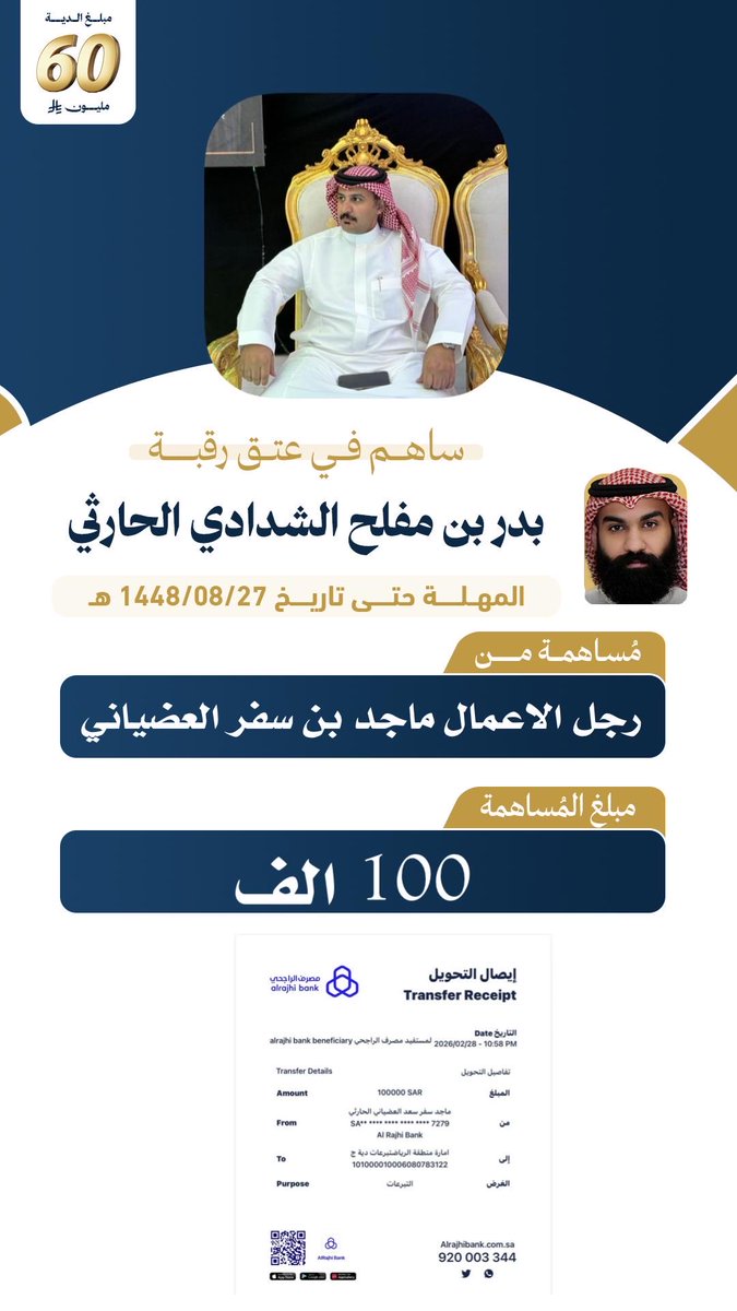 dabrlsmy's tweet photo. مائة ألفاً من العطاء.. وبدأ سباق الأبطال! 🏁
سهم بـ 100.000 الف انضم لمساهمة #عتق_رقبة_الحارثي

من رجل الاعمال : ماجد بن سفر العضياني 

شكراً لهذا السخاء اللي يرفع الرأس ويحقق الأثر.
راعي المئة حط بصمته.. من اللي يبي يرفع سقف التحدي؟ 🚀" https://t.co/5izCOdKNM9