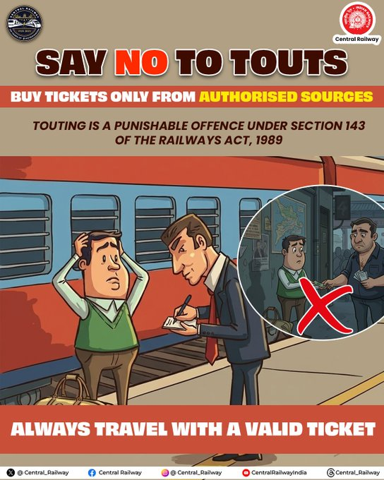 drmmumbaicr's tweet image. 📢 Book tickets only from authorised sources. Stay alert and beware of touts. 

Always travel with a valid ticket for a smooth and hassle-free journey. 

 #TravelSmart #CentralRailway #SafeJourney #ResponsibleRailYatri