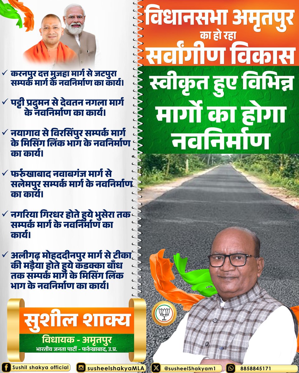 Susheelshakyam1's tweet photo. प्रदेश के यशस्वी मुख्यमंत्री माननीय @myogiadityanath  जी के नेतृत्व में अमृतपुर विधानसभा क्षेत्र में विभिन्न संपर्क मार्गों के नव निर्माण एवं स्वीकृति से क्षेत्र में समग्र विकास की मजबूत नींव रखी जा रही है।

इस महत्वपूर्ण सौगात के लिए मुख्यमंत्री जी का हृदय से आभार एवं धन्यवाद। https://t.co/hlKU0k0x2j
