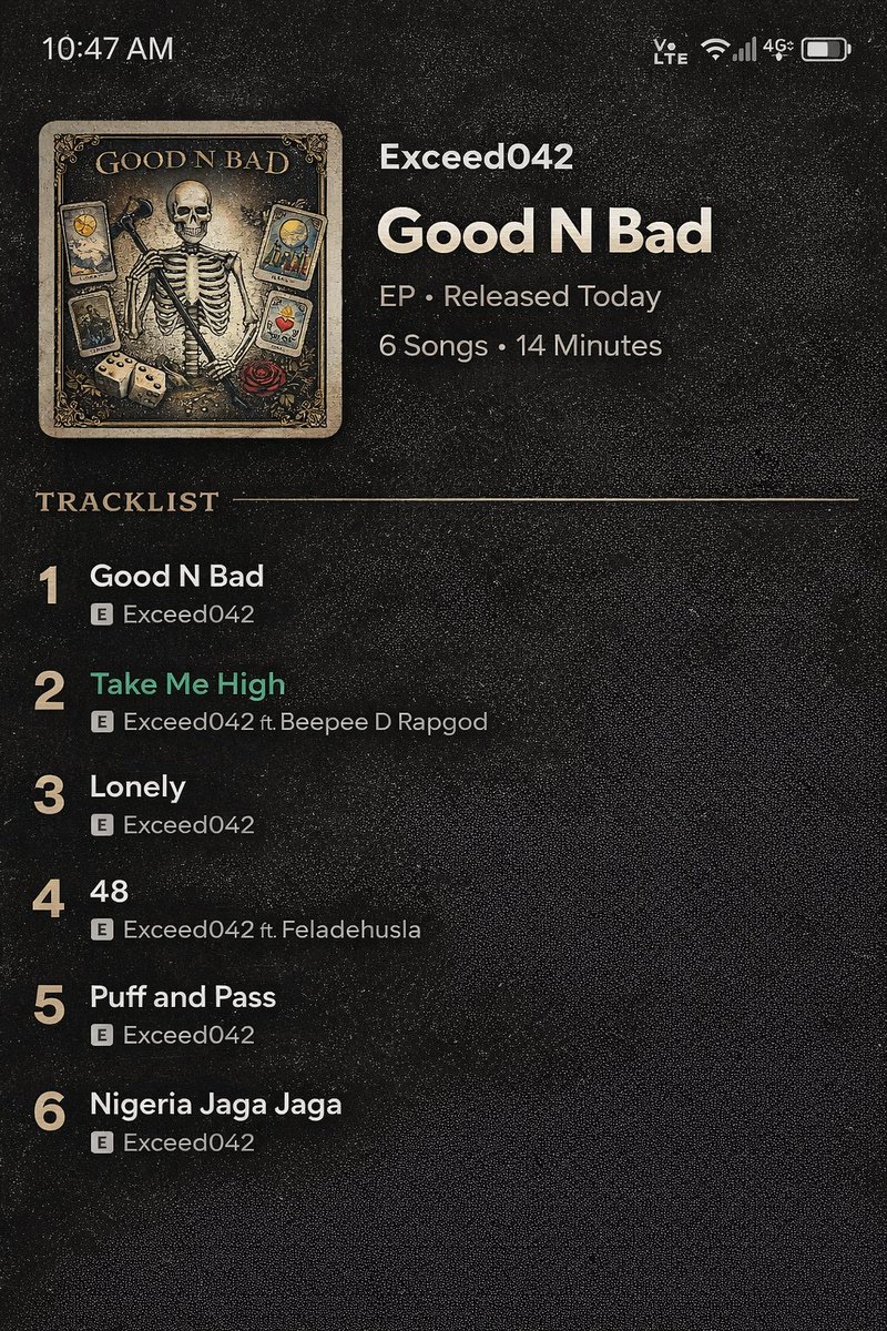 A New Ep Released from <a href="/exceed042/">CHIDIEBERE</a>
Tracklist:
1. Good N Bad – Exceed042
2. Take Me High – Exceed042 ft. Beepee D Rapgod
3. Lonely – Exceed042
4. 48 – Exceed042 ft. Feladehusla
5. Puff and Pass – Exceed042
6. Nigeria Jaga Jaga – Exceed042