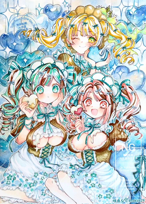 ハッピーホワイトデー ocの三姉妹ちゃん達をご依頼で描かせて頂きました ありがとうございました〜! #ホワイトデー #有償依頼