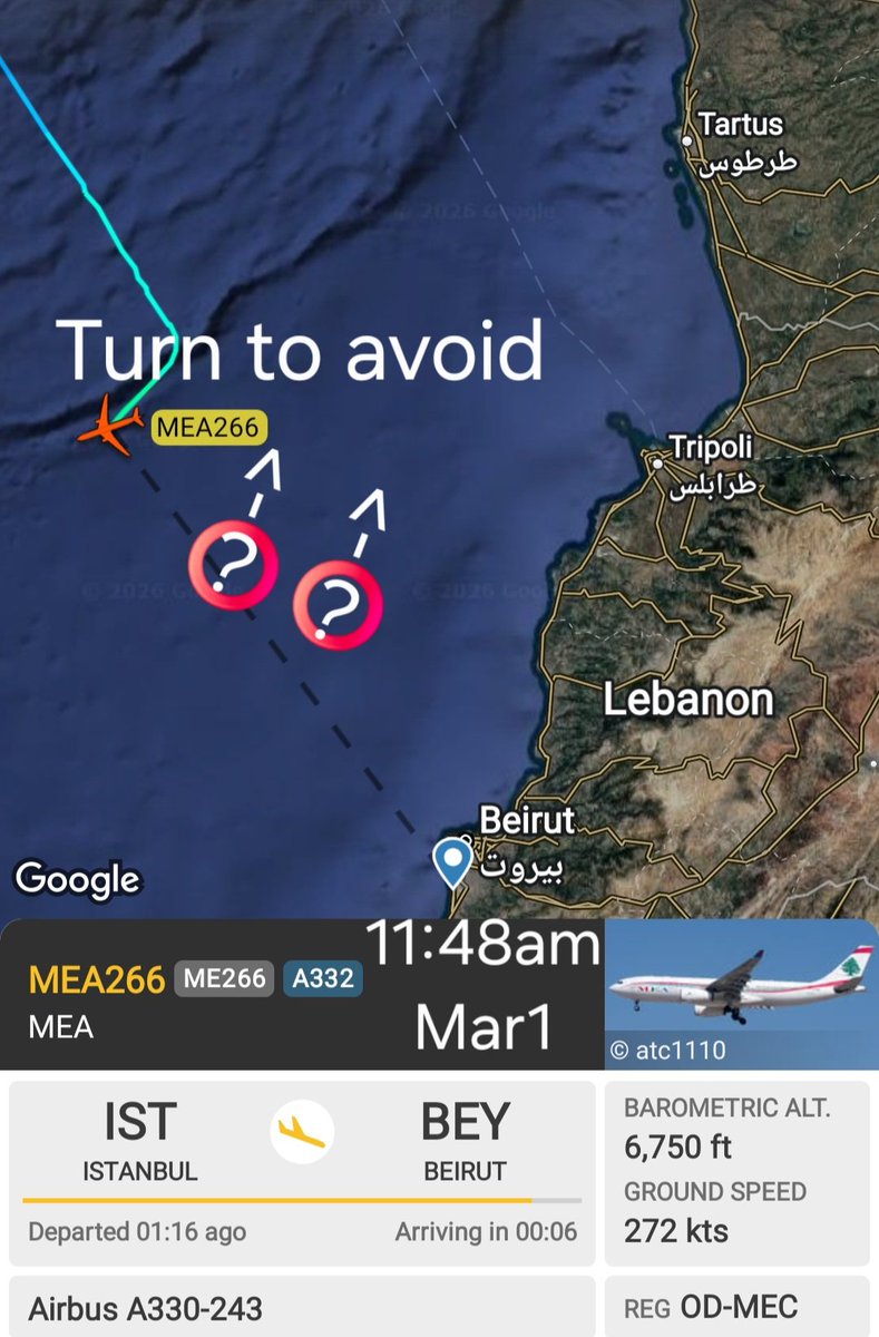 LebanonJets's tweet photo. ME266 #ODMEC (same A330 in this morning's video) encountered 2 or 3 "unknown traffic" near waypoint BALMA that were headed north https://t.co/TLBw6UYg8W