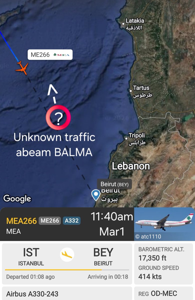 LebanonJets's tweet photo. ME266 #ODMEC (same A330 in this morning's video) encountered 2 or 3 "unknown traffic" near waypoint BALMA that were headed north https://t.co/TLBw6UYg8W