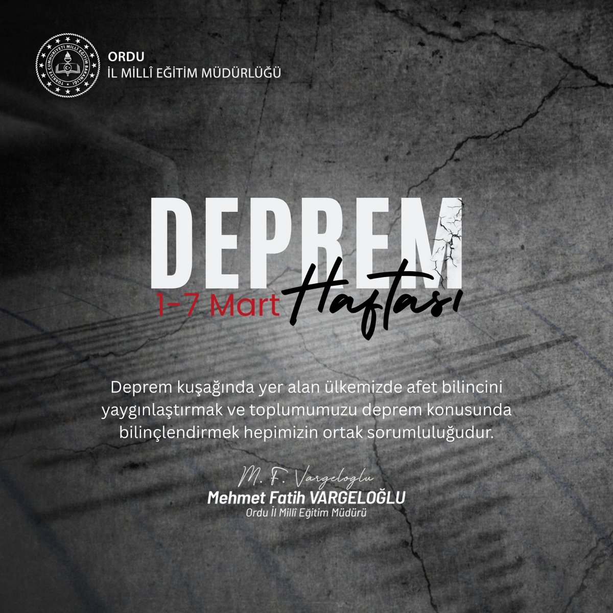 1⃣-7⃣ Mart Deprem Haftası'nda ilimizde ve ülkemizde deprem bilincinin artmasını temenni ediyor; tüm vatandaşlarımıza deprem felaketinden uzak, sağlıklı ve huzurlu bir yaşam diliyoruz. 

#eğitimkentiORDU 
#Ordu 
#DepremHaftası

<a href="/tcmeb/">Millî Eğitim Bakanlığı</a> <a href="/Yusuf__Tekin/">Yusuf Tekin</a> <a href="/TCOrduValiligi/">Ordu Valiliği</a> <a href="/mhilmiguler/">Dr. Mehmet Hilmi Güler</a>