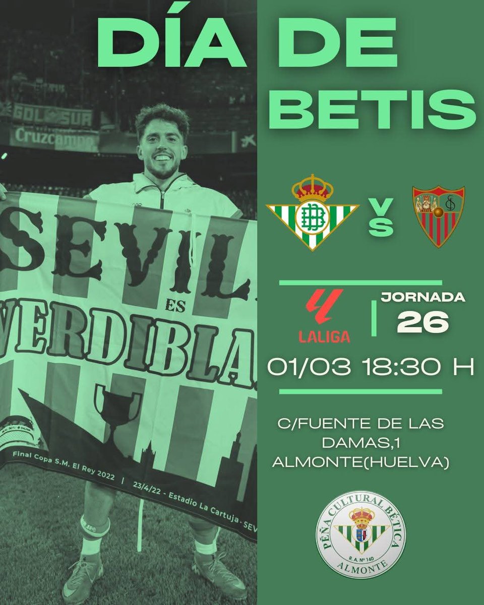 AlmonteFans07's tweet photo. 💚 ʜᴏʏ ᴇꜱ ᴅɪ́ᴀ ᴅᴇ ʙᴇᴛɪꜱ 🤍

Hoy no es un día cualquiera, hoy es día de #granderbi ...

A por ellos @realbetisbalompie

🏆 𝐑𝐞𝐚𝐥 𝐁𝐞𝐭𝐢𝐬 𝐁𝐚𝐥𝐨𝐦𝐩𝐢é vs sevilla
🕘 18:30 h
🏟 Estadio de la Cartuja https://t.co/OKe13Oge8Y