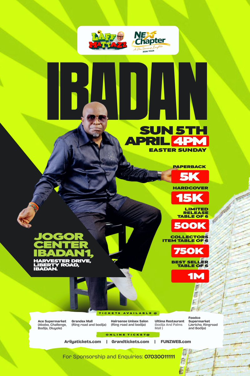 AlfaYalayala's tweet photo. IBADAN… 👀🔥
GET READY !!!

Something BIG is coming this Easter Sunday!

LAFFMATAZZ THE NEXT CHAPTER  Tour at Jogor Center, April 5th, 4PM and trust us, you don’t want to miss this one 

Follow @gbengaadeyinka for sponsorship

#LaffMattazz #NextChapterTour #EasterInIbadan https://t.co/v7FBzJejr2