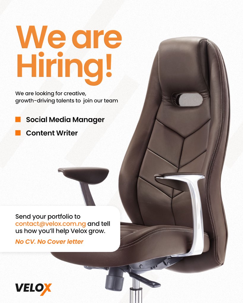 Velox is growing — grow with us! 🚀

Are you a creative thinker? Social Media Manager or Content Writer — we want to see your work.

🚫 No CV | 🚫 No cover letter
Just show us what you’ve got.

Send your portfolio to contact@velox.com.ng and tell us how you’ll help Velox grow.