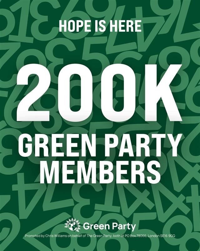 TheGreenParty's tweet image. 🚨 BREAKING 🚨 The Green Party has over 200,000 members.

More members, more councillors, more MPs.

The Green Party just keep growing.

Join us ⤵️