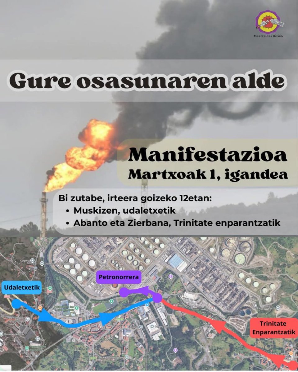 Antifaxismoa's tweet photo. #Bizkaia Gaur igandea, martxoak 1, 12:00etan manifestazioa #Muskiz eta #Abanto Zierbenatik, isuri toxikoen aurka protesta egiteko ✊🏼📢
#RepsolBoicot 🚫⛽️
@HoriaSukar @Antifaxismoa @EguzkiEH
@FuturoVegetal @ekologistak @Bizizaleak
@eguzkikonpartsa @jotabe1963 @TxabiBranka https://t.co/4IkzLFCilR