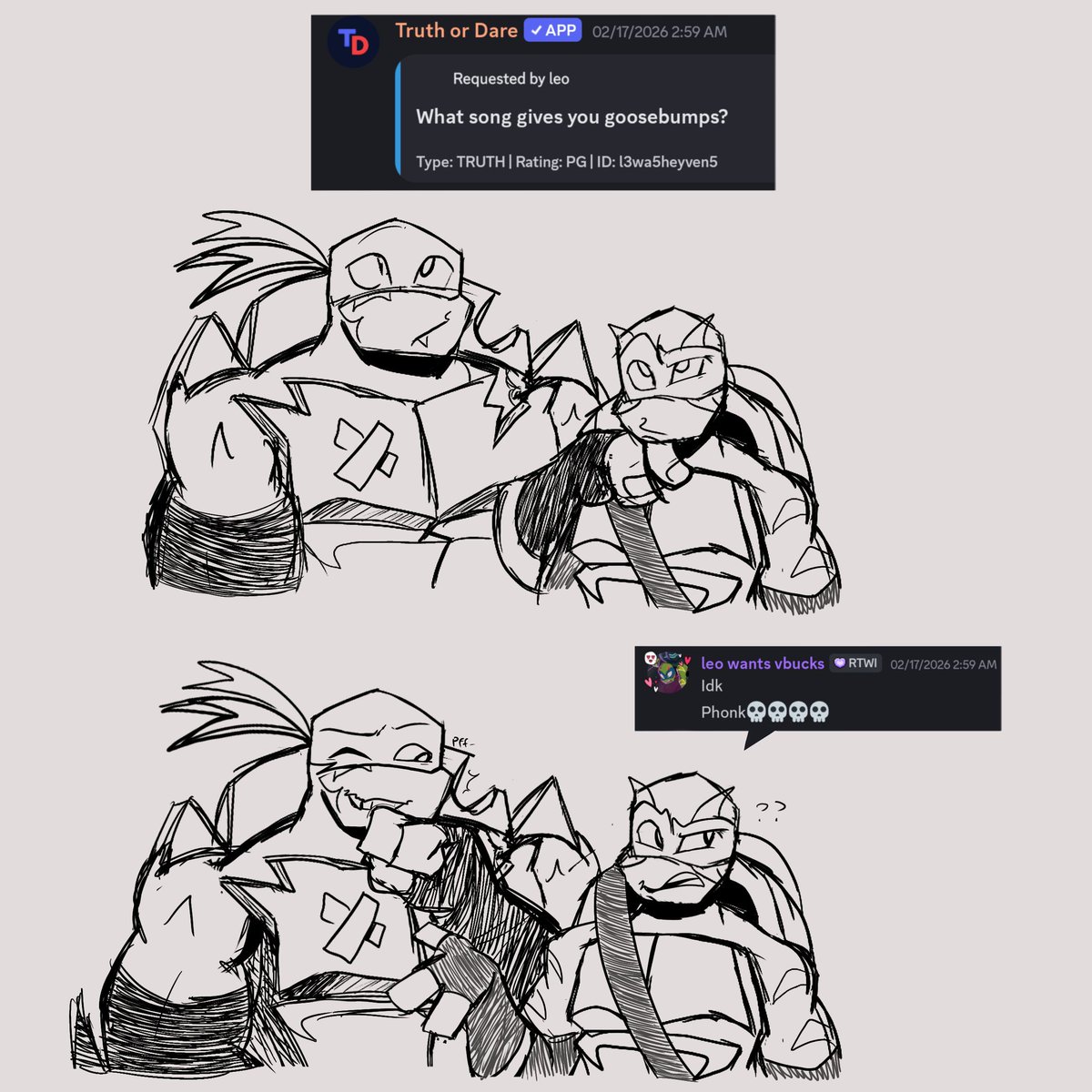 saldug_'s tweet photo. From a conversation with my friend who is super cool

Leo would absolutely know instantly what artist Raph is talking about based on descriptions. Mostly because.. well.. he knows Raoh at this point n how he is with his music tastes
#rottmnt https://t.co/QkKeCos2mt
