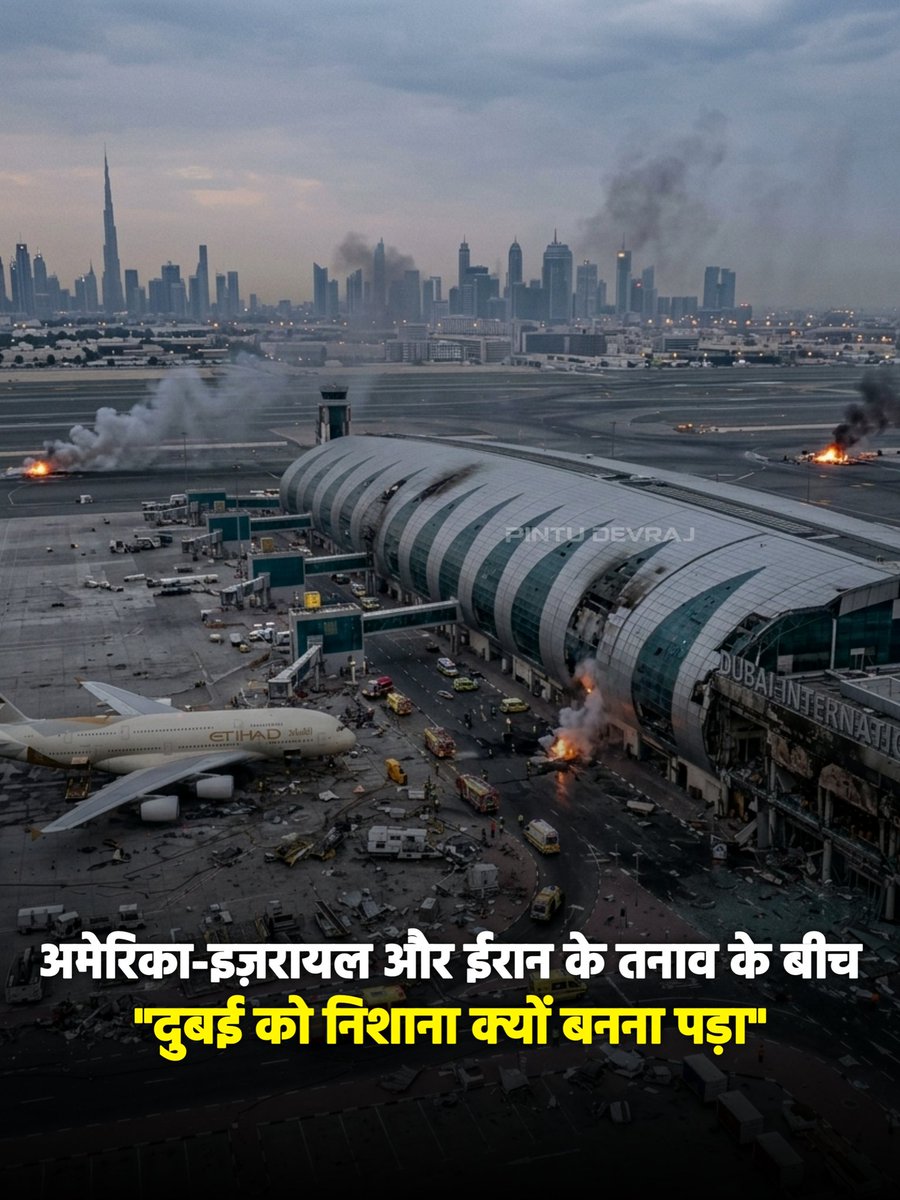 pintudevraj's tweet photo. अमेरिका-इज़रायल और ईरान के बढ़ते तनाव के बीच — UAE (दुबई ) को निशाना क्यों बनाया गया।
ईरान ने दुबई के International Airport को भारी नुकसान पहुंचाया है। 
#DubaiAttack #DubaiInternationalAirport #MiddleEastTension #DubaiAirport #UAE https://t.co/HpOcAR3XzF