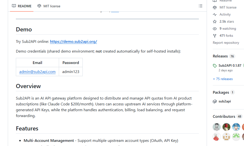 ⚡ sub2api ⭐ 2,461 stars "Plateforme AI innovante pour gérer vos quotas ...
