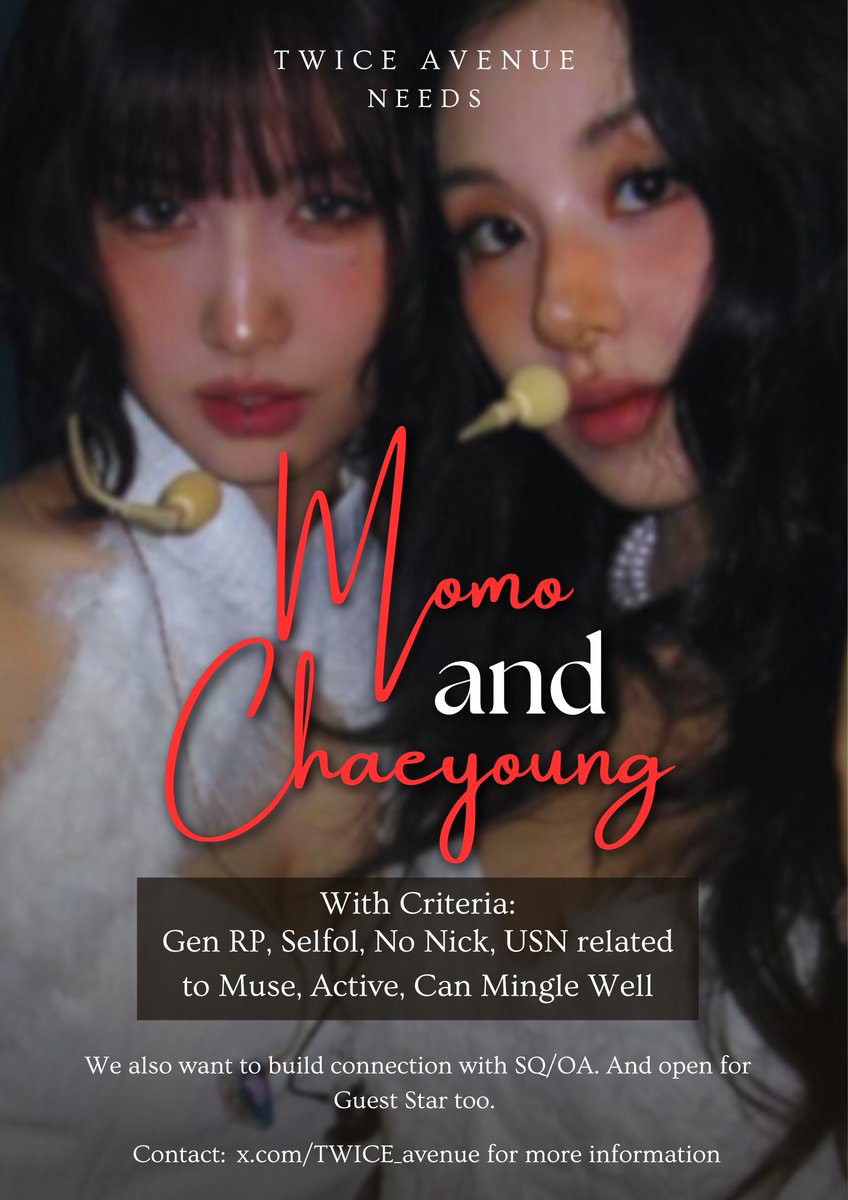 ᅠᅠᅠᅠᅠ
∘₊ ──☆₊∘ Seeking 𝐌𝐨𝐦𝐨 𝐚𝐧𝐝 𝐂𝐡𝐚𝐞𝐲𝐨𝐮𝐧𝐠 to complete our chronicles. Also open for 𝐒𝐐/𝐎𝐀 𝐭𝐢𝐞𝐬 and 𝐆𝐮𝐞𝐬𝐭 𝐒𝐭𝐚𝐫 inquiry. Let’s travel side by side through the lavish avenue. 𓂃 ˚‧𓂃
ᅠᅠᅠᅠᅠ