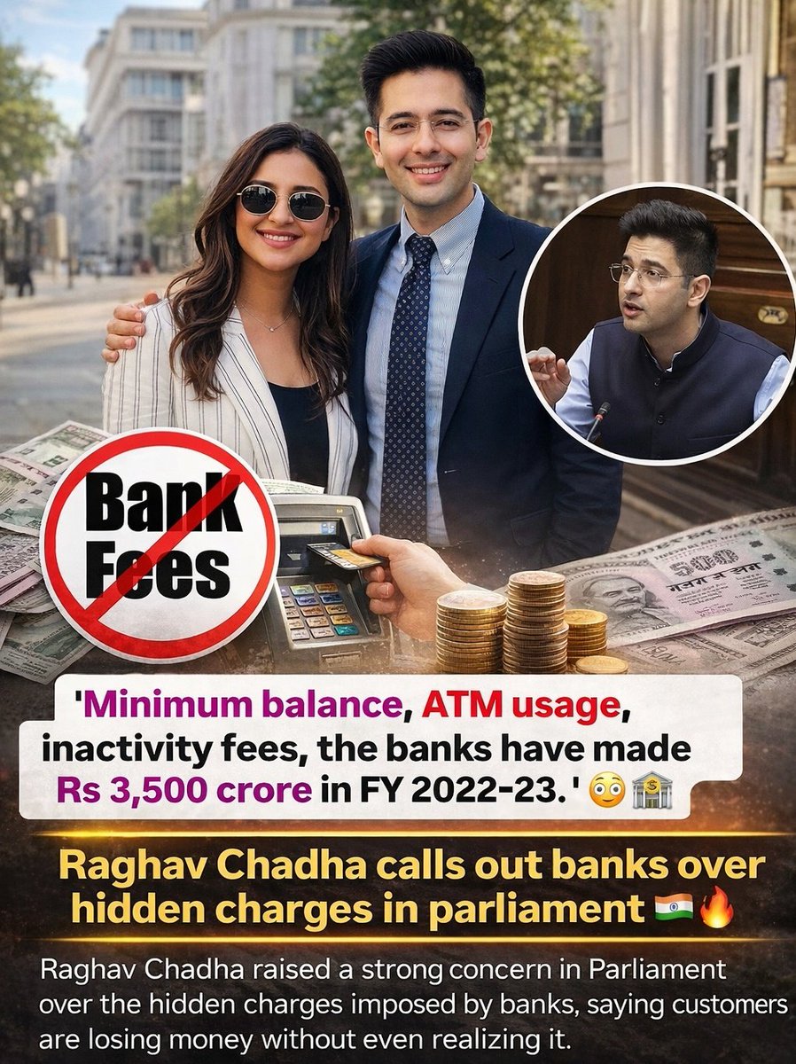 राघव चड्ढा ने संसद में एक मुद्दा उठाया...बैंक के छुपे हुए charges को लेकर....उन्होंने कहा कि ग्राहक अपनी जानकारी के बिना ही पैसे खो रहे हैं....

उनके द्वारा उठाए गए मुख्य पॉइंट्स....

•Minimum Balance पेनल्टी:–बैलेंस मेंटेन न करने पर ₹100 से ₹600 तक
👉 रिपोर्ट के अनुसार बैंकों