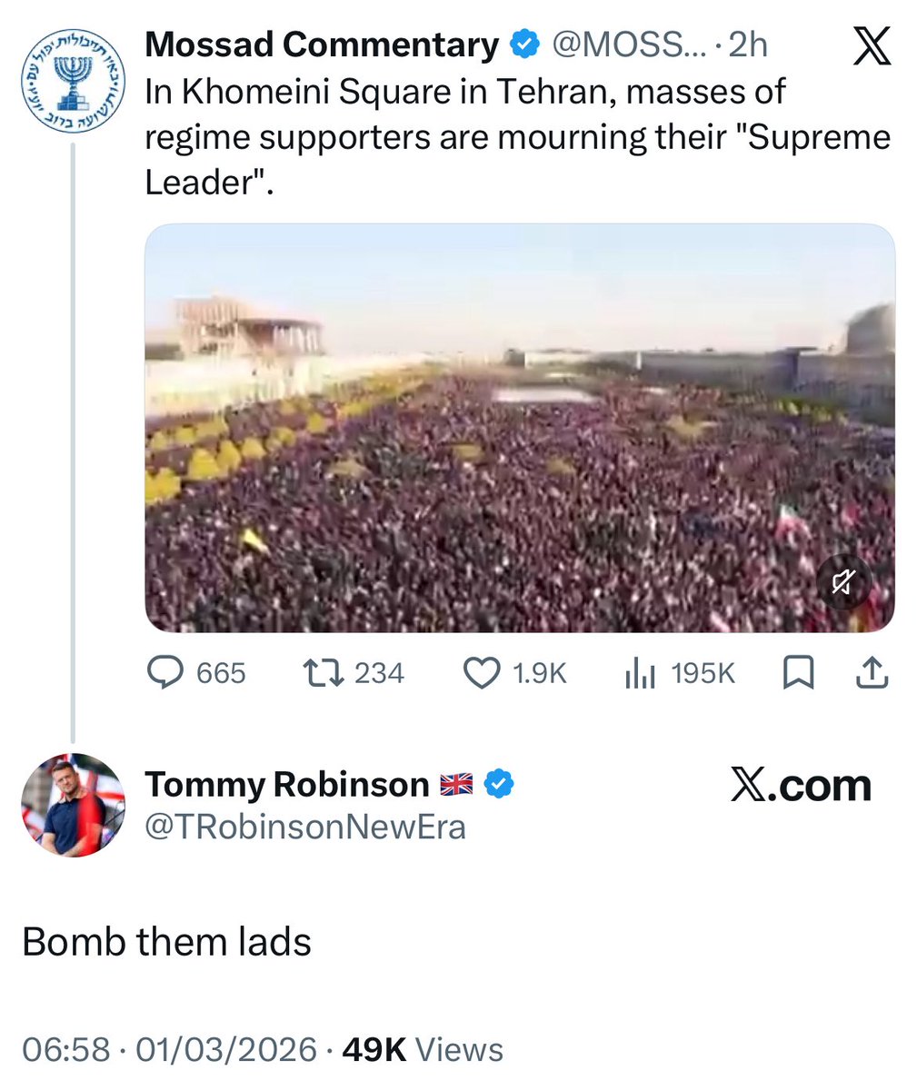 If you're critical of Zionist influence as a nationalist you'll get accused of being "obsessed with Israel" by people like Tommy Robinson, who publicly salivates about Jews mass killing random brown people thousands of miles away.

Tommy's brand of Ziopatriotism is toxic and