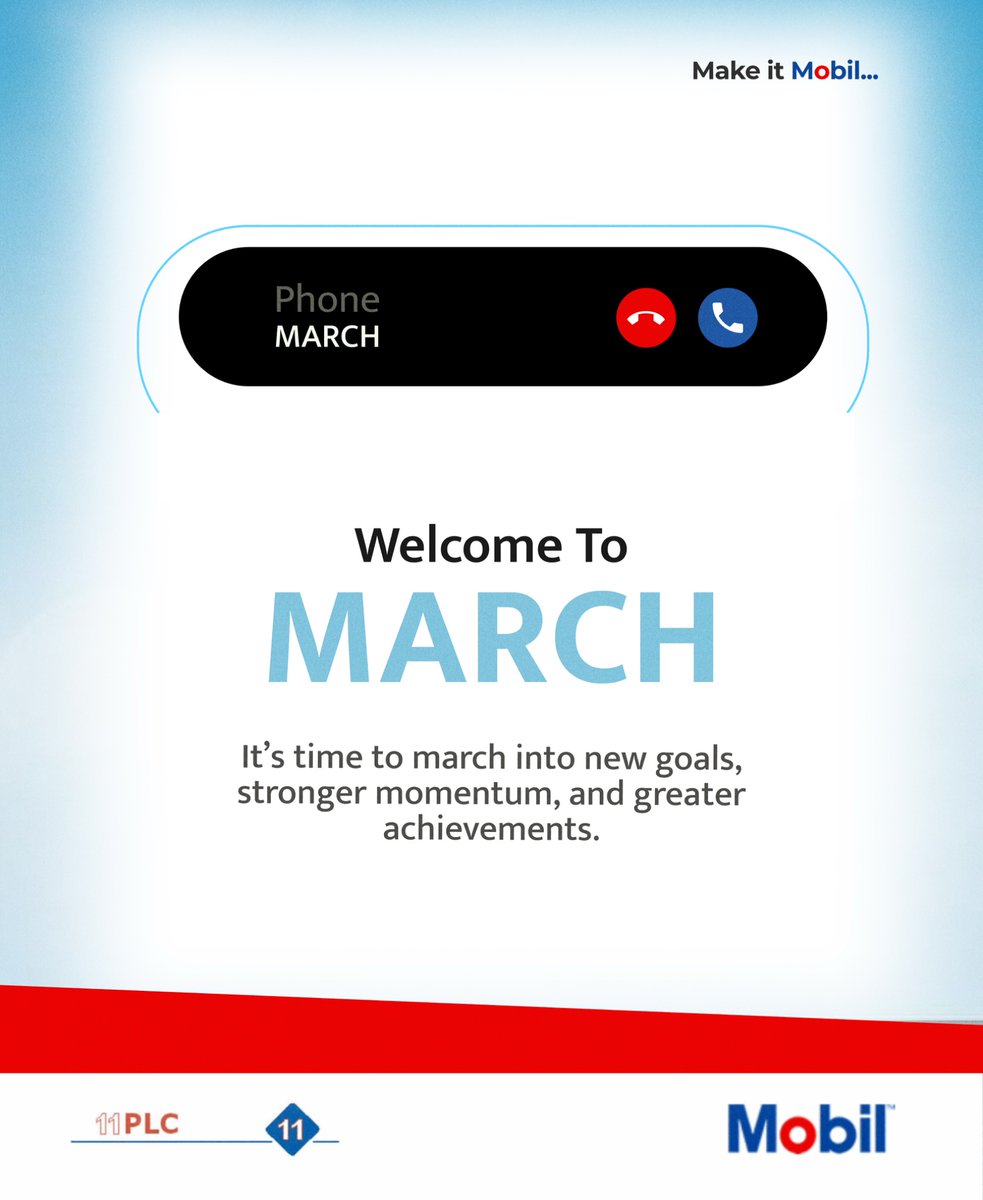11PLC's tweet photo. New month, new energy. ⚡
Accelerate your goals, keep the momentum high, and make every move count.
March forward stronger, smarter, and unstoppable.
#MobilEnergy #MarchForward #FuelYourSuccess #PowerYourGoals https://t.co/tTvX0u6UN6