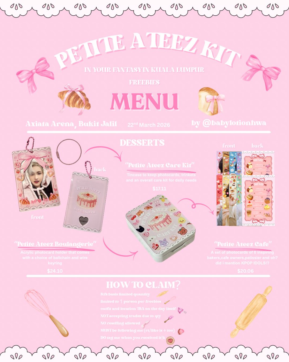 babylotionhwa's tweet photo. `｡  🎀  𝒫𝐸𝒯𝐼𝒯𝐸 𝒜𝒯𝐸𝐸𝒵 𝒦𝐼𝒯  🎀  ｡`
          by @babylotionhwa
𝓲𝓷 𝔂𝓸𝓾𝓻 𝓯𝓪𝓷𝓽𝓪𝓼𝔂 𝓲𝓷 𝓴𝓾𝓪𝓵𝓪 𝓵𝓾𝓶𝓹𝓾𝓻

📍axiata arena
🗓️22/03/2026
 🎀 outfit and location TBA 

🎀 please read claim rules below! 
🎀 like & rt is appreciated!
❌ accepting trades due to limited qty

#ATEEZinKL #IYFinKL