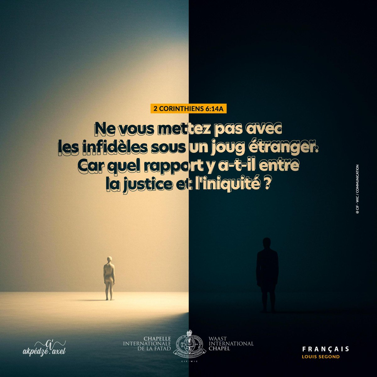 CHAP_ESTAOFATAD's tweet photo. " Ne vous mettez pas avec les infidèles sous un joug étranger. Car quel rapport y a-t-il entre la justice et l'iniquité? ou qu'y a-t-il de commun entre la lumière et les ténèbres?"

2 Corinthiens 6:14

#ParoledeDieu #wordofGod #cif2026 #Maisondepriere #fatad #estao  #christian https://t.co/jxqwdcsv3Q