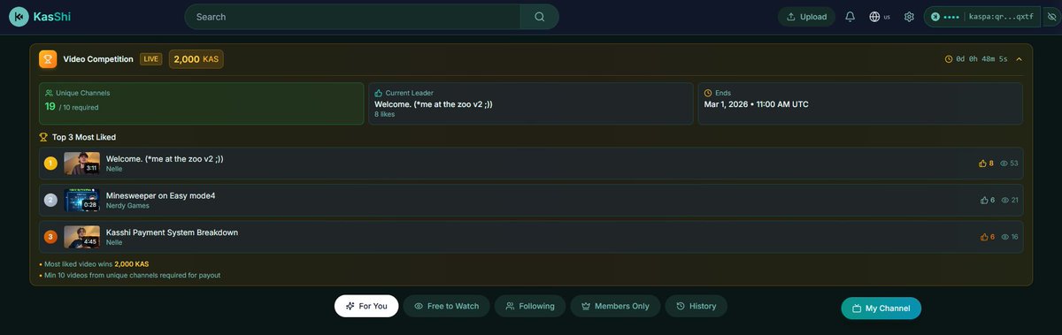 This is the current leaderboard with less than an hour left. 
As previously said, the competition will keep going until someone takes that number 1 spot!

Go in and like the videos you want to see win!

$KAS Only on Kaspa