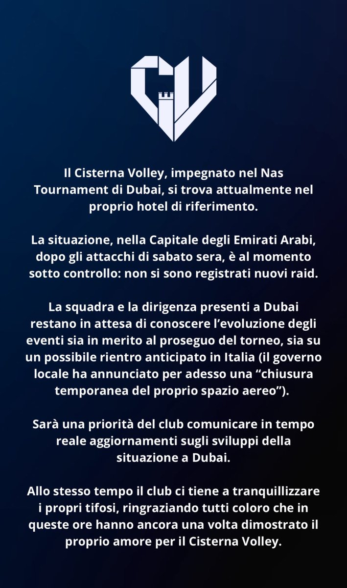 Cisterna’dan açıklama: 

“Cisterna, Dubai’de düzenlenen Nas Turnuvası’na katılımı kapsamında şu anda kendi konakladığı otelde bulunmaktadır.

Birleşik Arap Emirlikleri’nin başkentindeki durum, cumartesi akşamı yaşanan saldırıların ardından şu an için kontrol altındadır: yeni bir