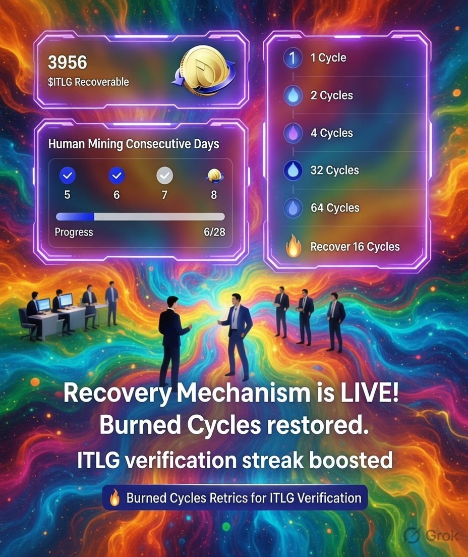 SudhaVasupalli's tweet photo. InterLink Recovery Mechanism is LIVE!
Burned Cycles restored ✅
ITLG verification streak boosted 🚀
Double your earnings, recover faster!
Check in daily for non-stop gains
Join now and maximize your rewards!
#ITLG #ITL #InterLink #OnChainGains #CycleRecovery https://t.co/ikS0AsyIsF