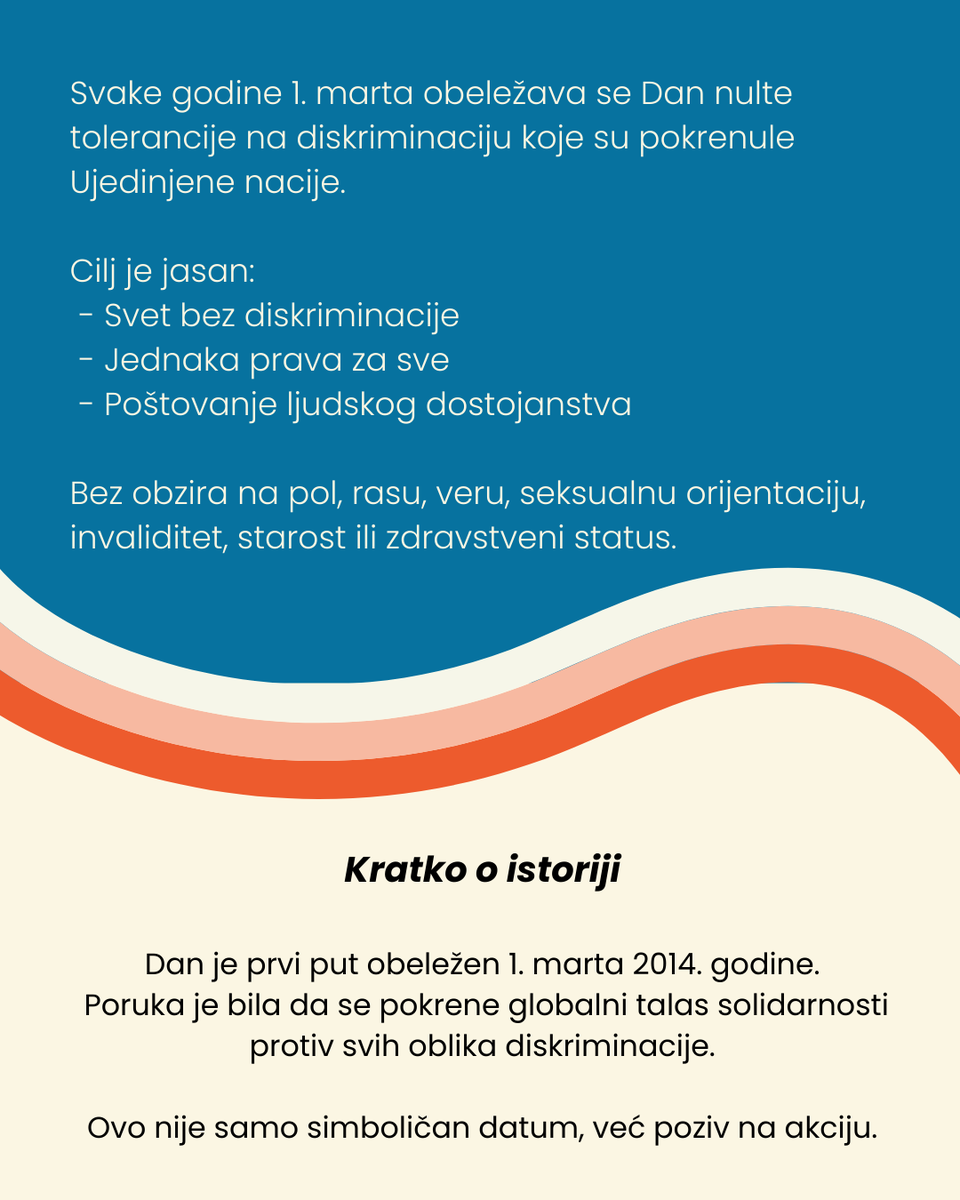 GradjanskiCenSr's tweet photo. 🌈 Zero #Discrimination Day - March 1

Everyone has the right to live free from discrimination.
Stand for equality, speak against stigma, and help build a society where differences are respected.

#ZeroDiscriminationDay #HumanRights #EqualityForAll https://t.co/ieVdd22anm