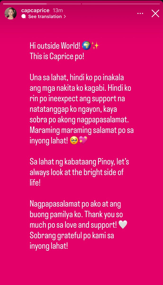 capricewwofc's tweet photo. “Hi outside World!🌍✨ This is Caprice po!……”

You deserve nothing but the best, Cap! Through every high and low, we’re right here cheering, believing, and standing by your side. Tuloy-tuloy ang suporta namin sa’yo! We love you always!🩷

#CapriceCayetano https://t.co/wM6TUCNJx2