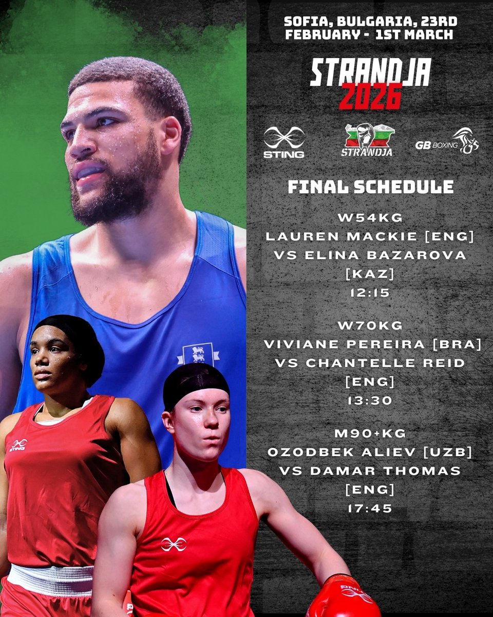 gbboxing's tweet photo. 🥇🤞 It's finals day at this year's Strandja and we have three boxers competing for gold!

UK time approx. ⏰       

 To watch, click the link below! 👇

 https://t.co/R6jNRdReyg https://t.co/O1uOBFnt9y