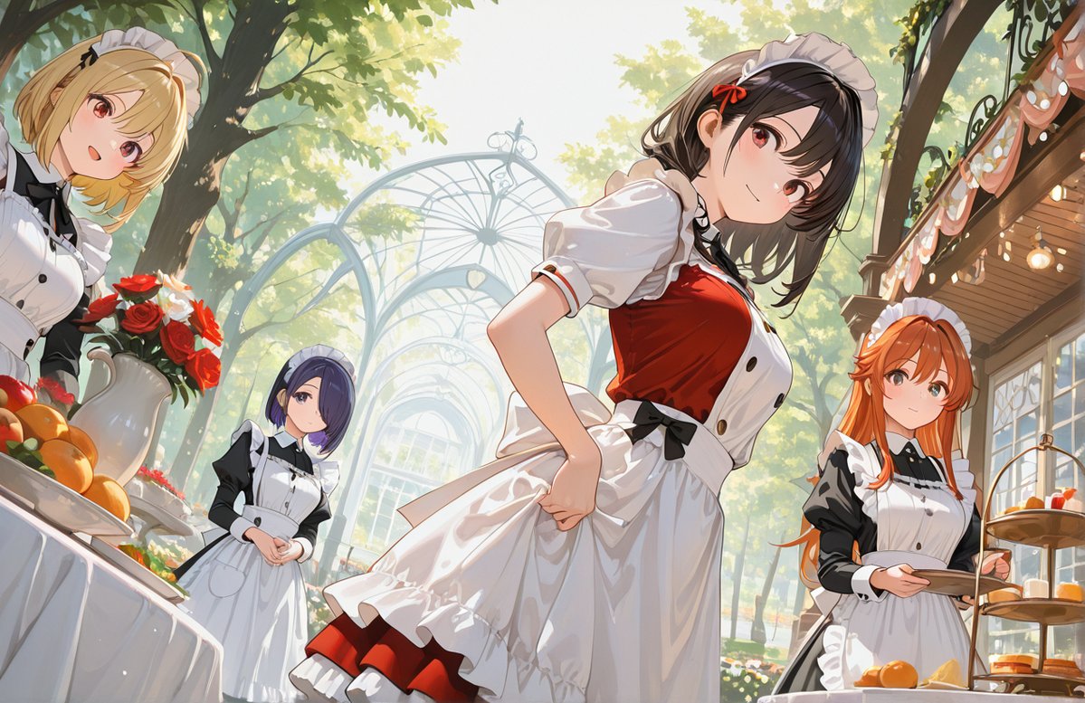 tadakich's tweet image. ティーパーティー！
頑張って複数人出してみたけどやはり崩れてしまうー
でも、赤いメイド服ってなんかいいね☺️
#AIart #AIイラスト #magespace